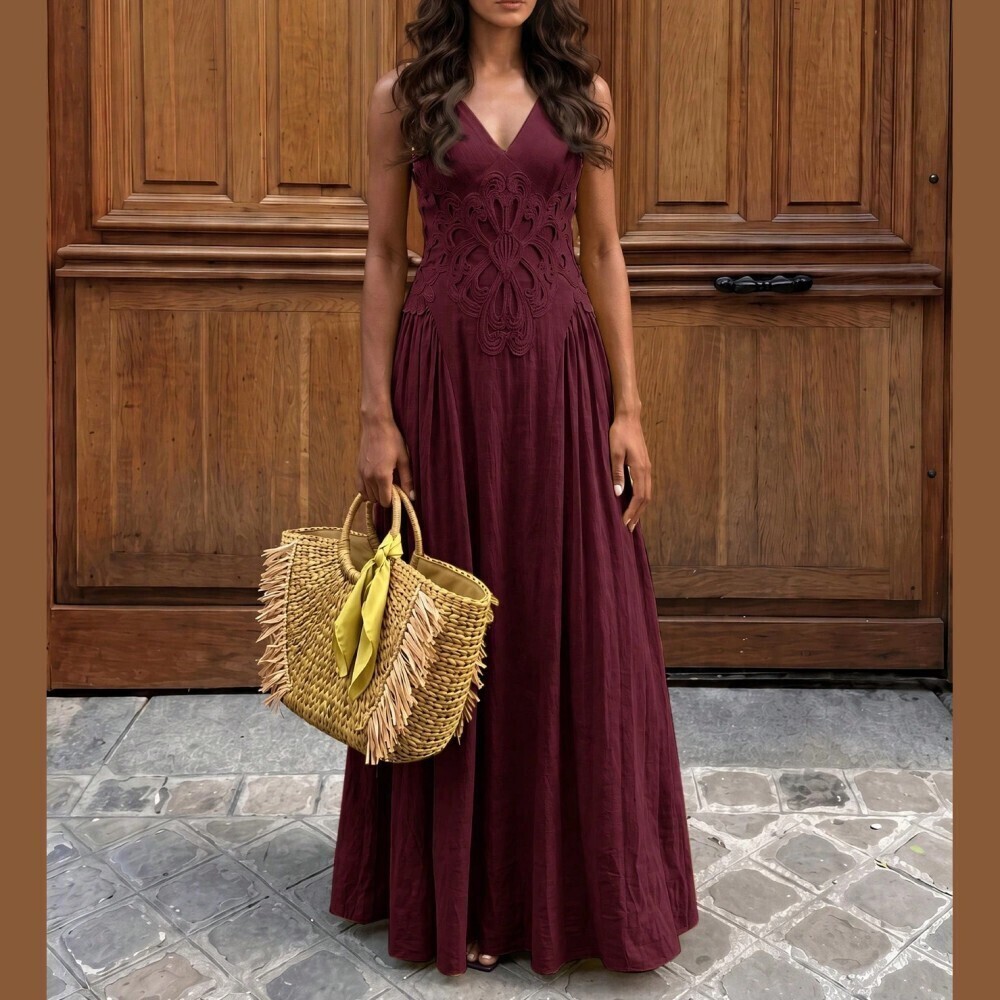 Burgundy Crochet Lace Applique V Neck Sleeveless Maxi Dress